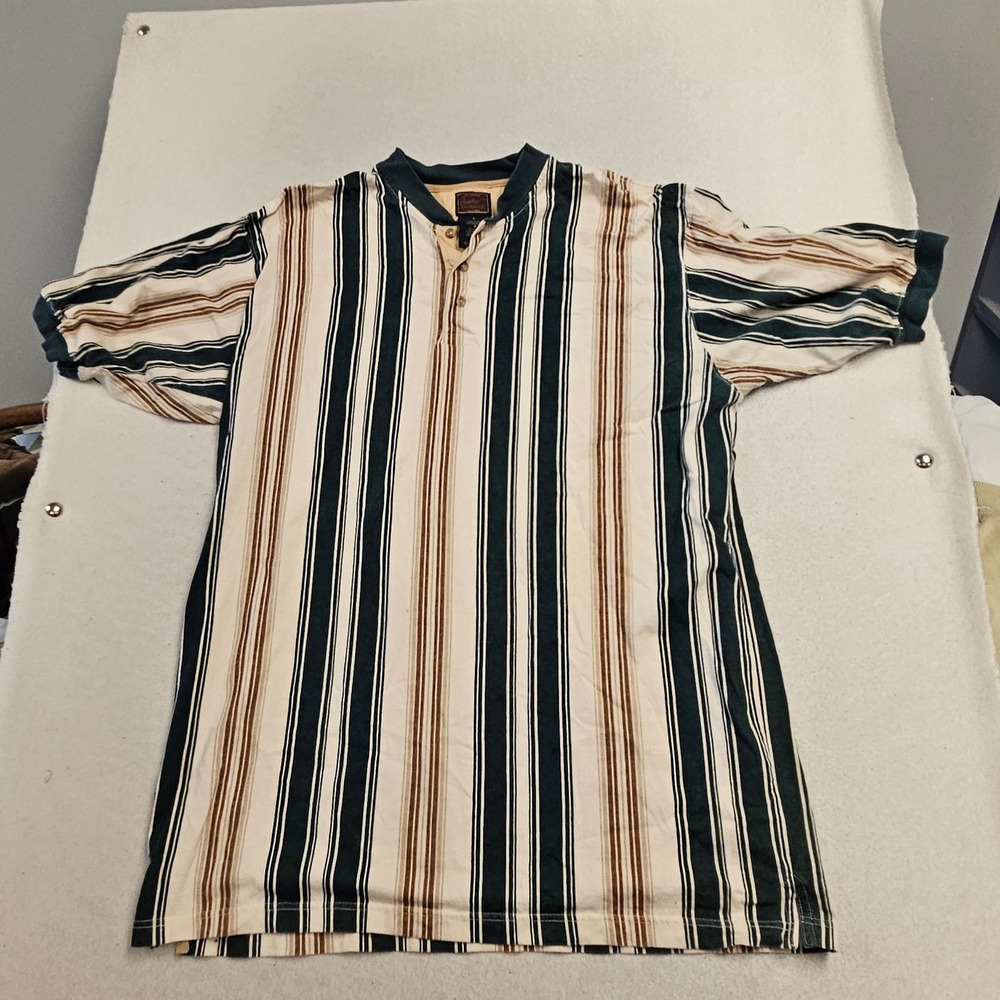 Duxbak Mens Large Green Brown Striped Short Sleeve Henley Cotton Shirt 6458